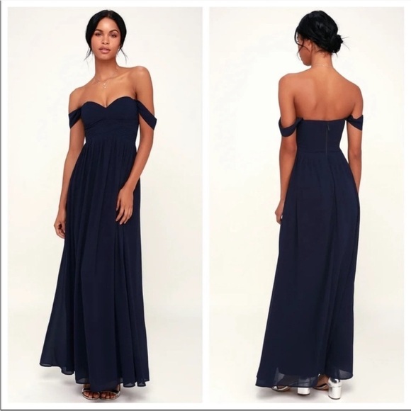 Lulus Navy Blue Harmonious Love Off the Shoulder Formal Maxi Dress Size Small - Picture 1 of 10